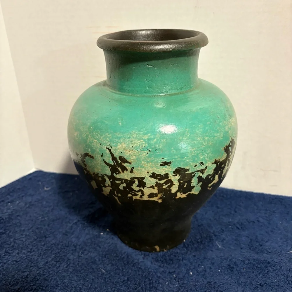 Vintage 10” Teal Black Abstract Terracotta Vase Art Pottery Decor - Unmarked